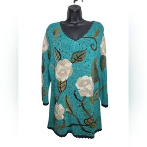 Peruvian Connection 100% Pima Cotton Teal Floral Intarsia Knit Tunic - XL